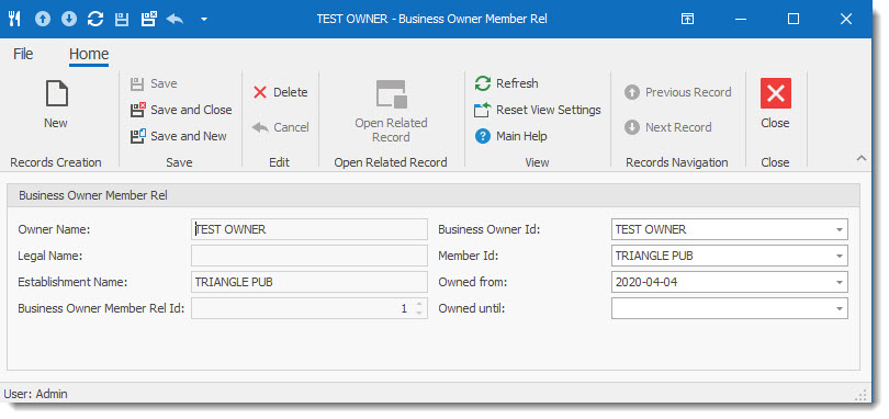 Business Owner Entry screen